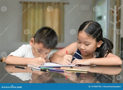 Two Children are Drawing Together Stock Photo - Image of learning ...