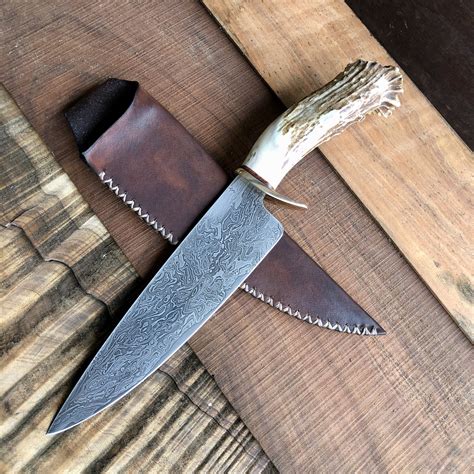 Damascus Fighting Knife With Carved Antler Handle — Peter Burt Knives
