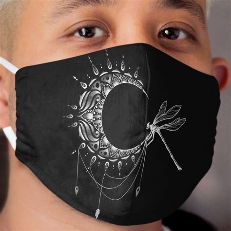 Intricate Half Crescent Moon with Dragonfly Tattoo Design Cloth Face ...