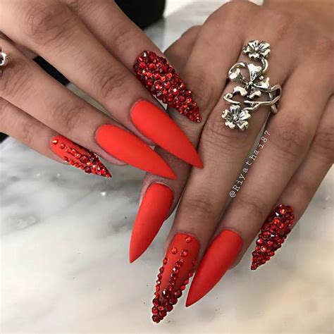 Red Acrylic Nails With Rhinestones