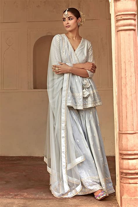Buy Blue Peplum Top Cotton Mulmul Embroidery Thread Mirror Angrakha Set ...