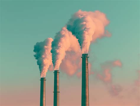 industrial chimneys emitting smoke   pastel sky stock image