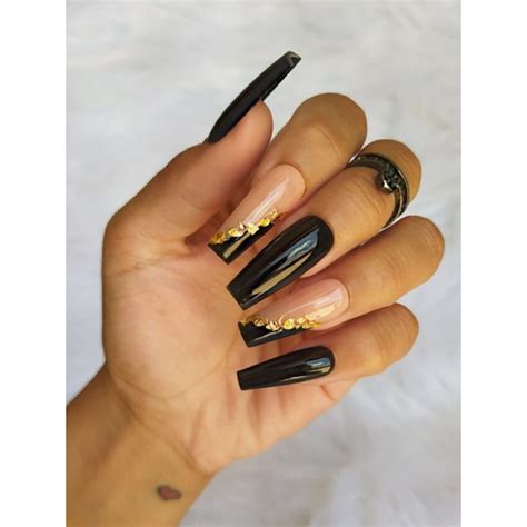 Unhas Postiças Já Pintadas - Unhas Postiças pintadas decoradas - Nude com preto e folhas e ouro ...