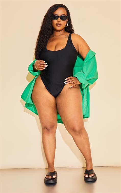 Plus Black Scoop Neck Swimsuit | Plus Size | PrettyLittleThing CA