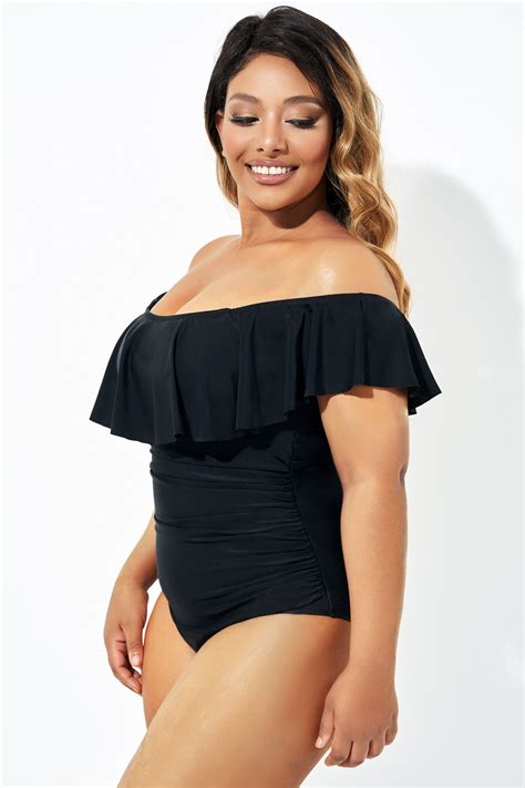 Black Bandeau Off the Shoulder Ruffle One Piece Swimsuit - Meet.Curve