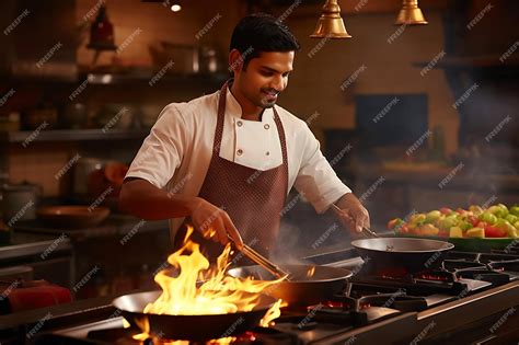 premium ai image indian chef cooking   traditional kitchen