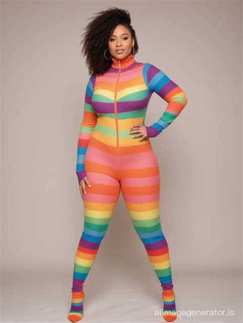 Curvy Woman Wearing Extra Thick Ribbed Rainbow Wool Catsuit | AI Image
