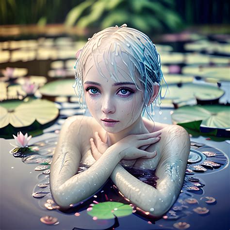 beautiful pixie woman emerging from a pond, detailed eyes, wet h