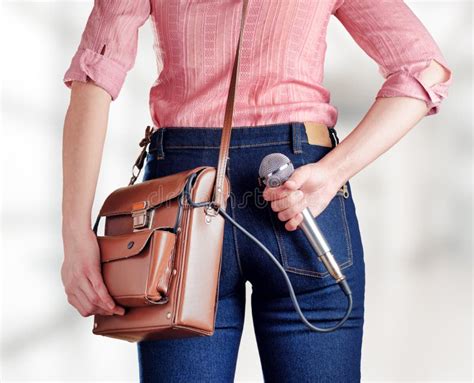 Female Journalist with Microphone Stock Photo - Image of information ...