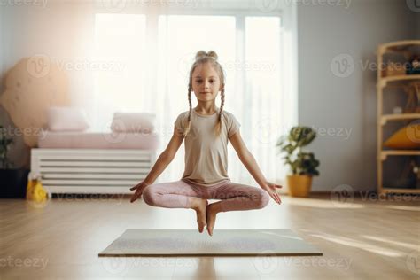 Little girl yoga pose on floor mat. Generate Ai 28561584 Stock Photo at ...