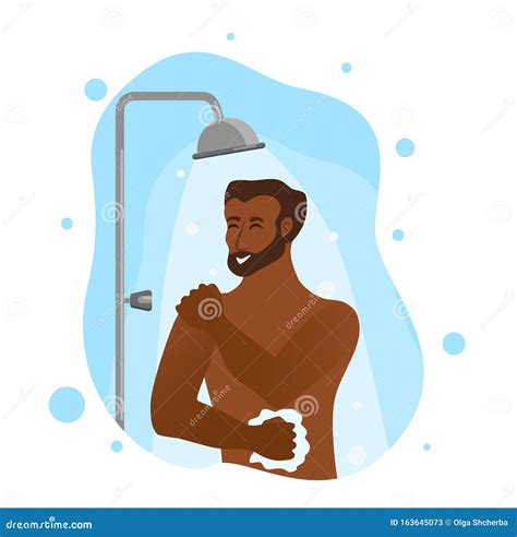 Young African American Men Taking Shower Cartoon Vector Illustration