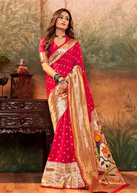 shop red pure paithani silk handloom saree   wedding sunasa