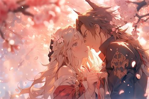 Premium Photo | Beautiful couple of anime fantasy girl and boy in love under cherry sakura blossom