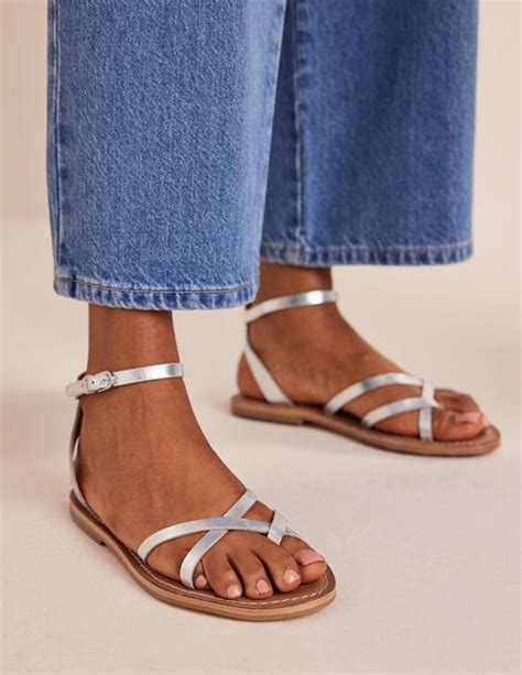Easy Flat Sandals - Silver Metallic Leather | Boden UK