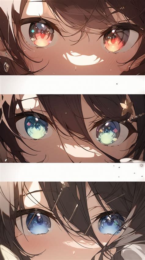 three different images of the eyes of an anime character with long ...