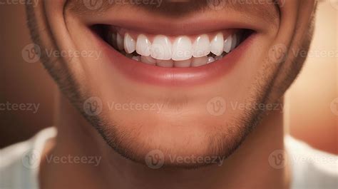 Close-up of a radiant male smile with white teeth. Dental care and ...