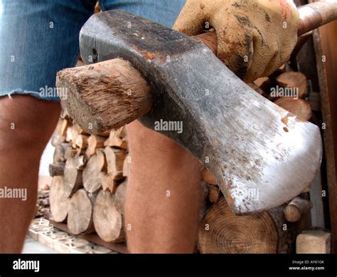 man holding  axe stock photo alamy