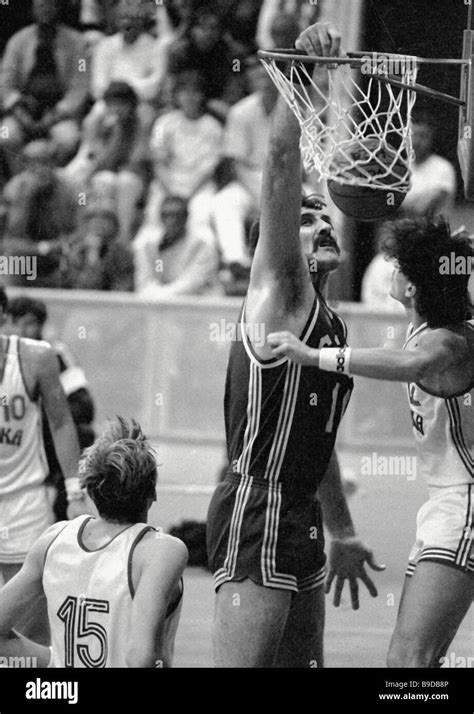 Soviet national basketball team center Vladimir Tkachenko hitting the ...
