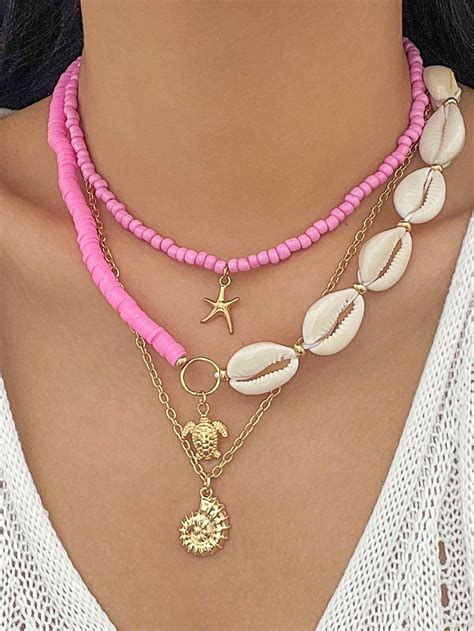 3pcs Retro Turquoise Summer Necklace With Metal Mermaid, Starfish