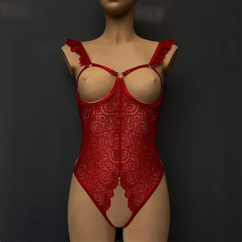 Red Lace Open Crotch Bodysuit, Erotic Lingerie Bodysuit, Crotchless