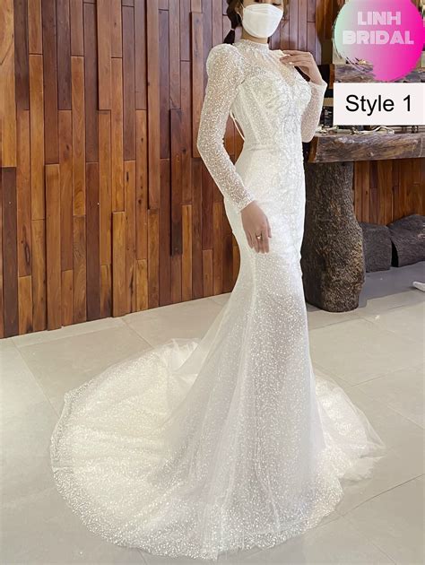 Sexy long sleeves sparkly white lace sparkly fishtail/mermaid wedding