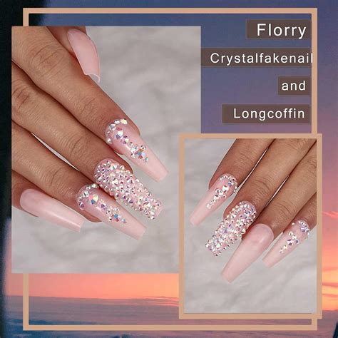 Florry Coffin Pink Rhinestone Extra Long Press on Nails 24Pcs - Luxury