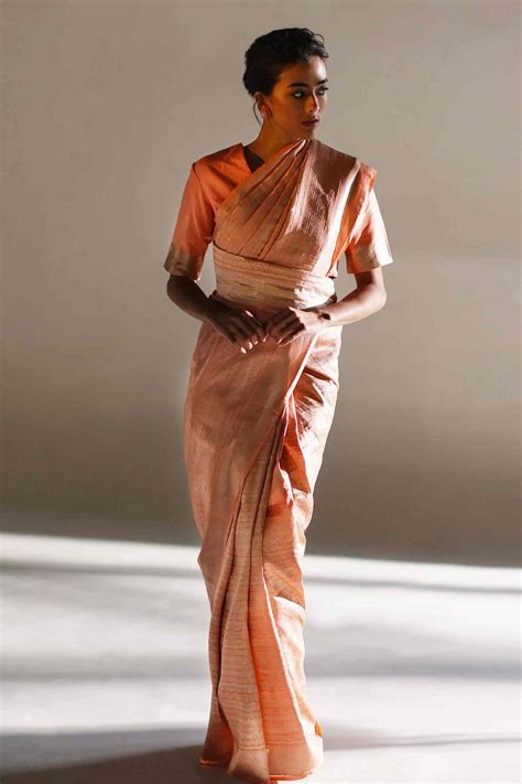 Buy Peach Sara Brocade Silk Saree With Unstitched Blouse Piece For