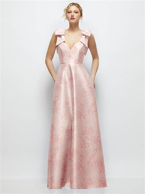 Deep V-neck Floral Satin Ball Bridesmaid Dress With Shoulder Bows In