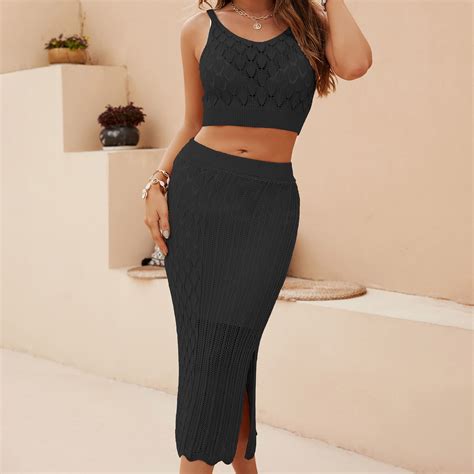 Solid Knitted Outfits for Women 2 Piece Suits Pencil Skirts and Crop