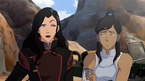 Korra, Asami Sato, long hair, looking sideways, dark skin, arms crossed