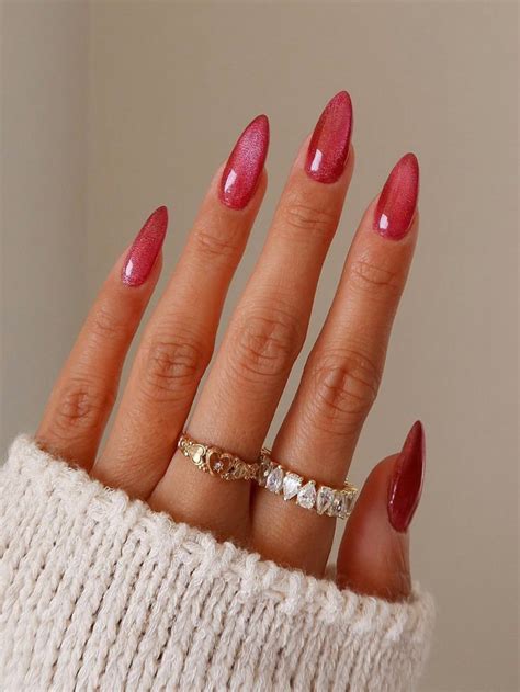 Get Glamorous With 24pcs Long Almond Red Cat Eye Glitter Fake Nail