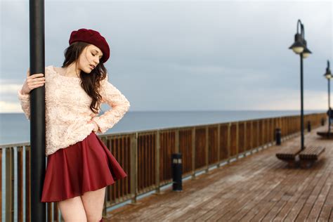 Serena Wood, women outdoors, brunette, women, red skirt, berets