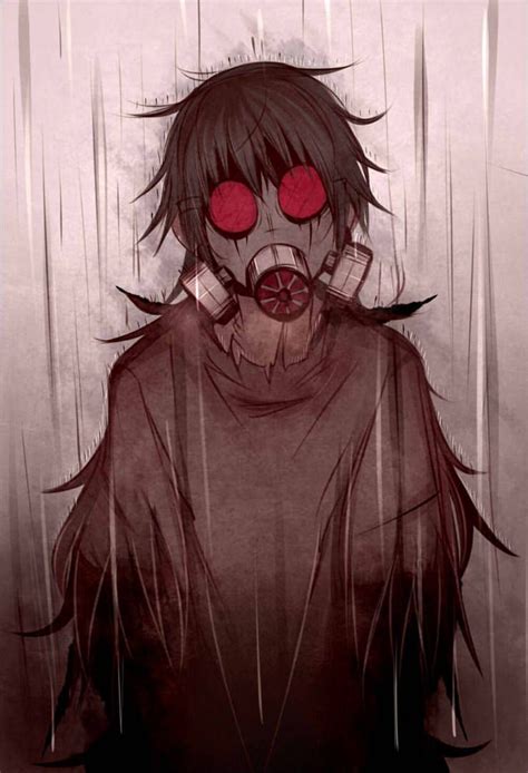 an anime character with red eyes standing in the rain