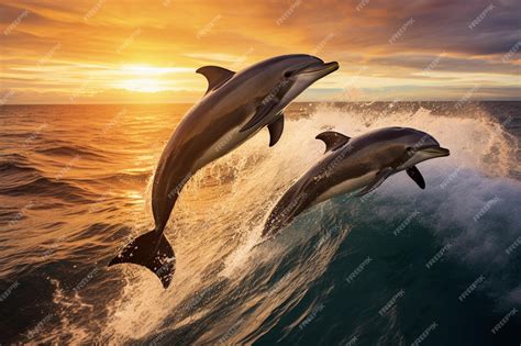 Premium AI Image | Dolphins jumping above the water in the ocean at dawn