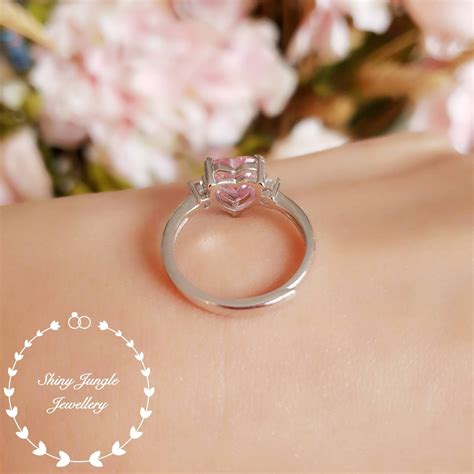 Heart Shaped Pink Diamond ring, Three Stone Vivid Pink Diamond Simulant ...