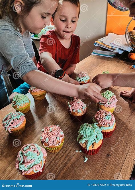 Children Baking Cupcakes, Preparing Ingredients, Decorating Cookies Stock Photo - Image of ...