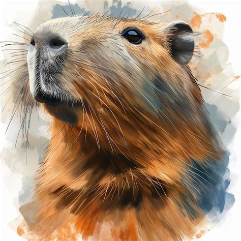 Capybara rodent animal wildlife mammal nature fur portrait illustration watercolor painting art ...