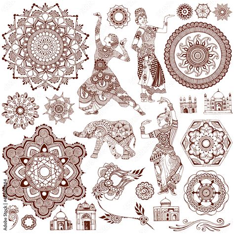 Mandalas, dancers and other elements symbolizing Oriental culture. Set ...