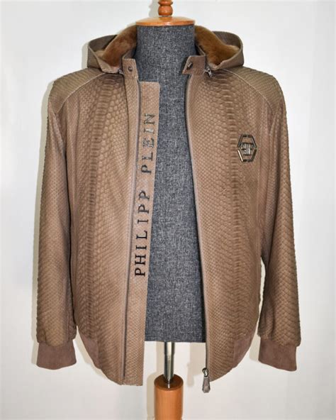 Philipp Plein Brown Python Leather Rabbit Fur Lining Hoodie Jacket ...