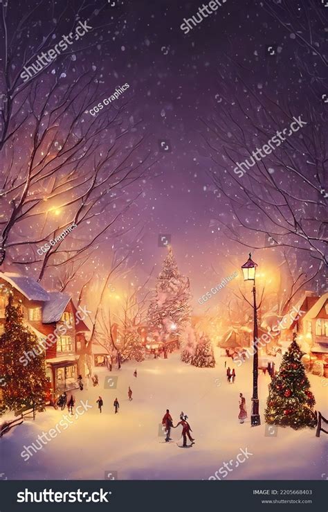 Vintage Christmas Postcard Village Scene Snow Stock Illustration ...
