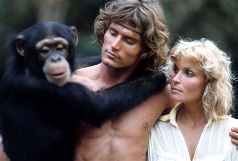 Chimpanzee, Miles O'Keeffe and Bo Derek together in a scene from the