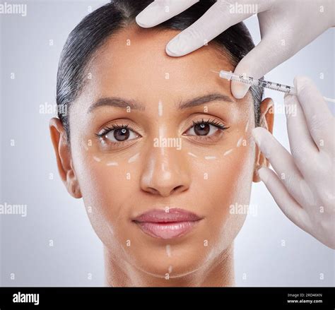 Portrait, aesthetic and botox with woman and injection for plastic ...