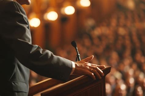 side  view  man  suit  hand  podium   microphone
