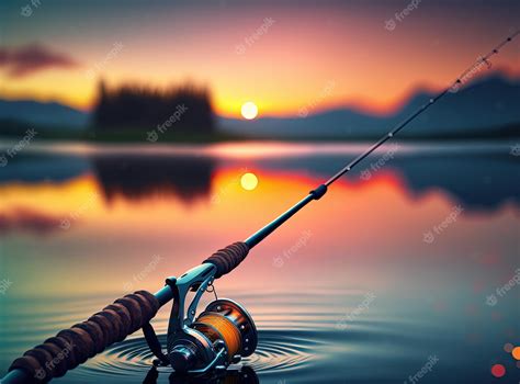 Premium Photo | A fishing rod in the water with a sunset in the background