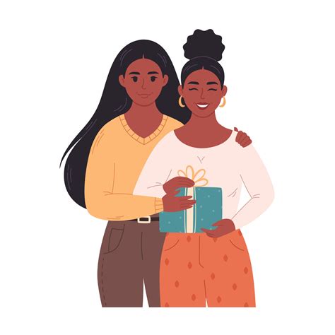 Black lesbian couple hugging and giving gift. Love couple with present