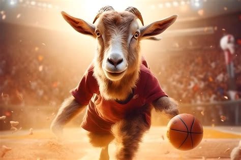 Premium Photo | A goat in a red jersey with a basketball on it.