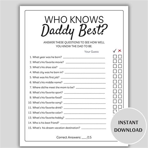 Who Knows Daddy Best Game, Printable Baby Shower Games, Dad Quiz, How