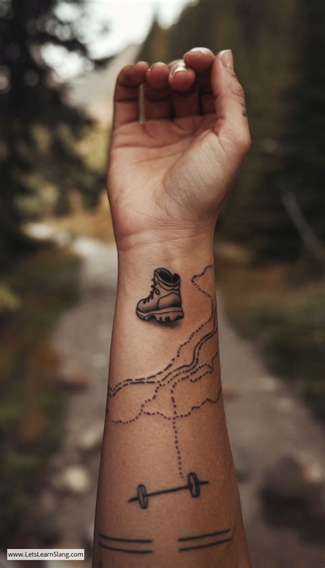 charming hiking boots wrist tattoos  women  love adventure
