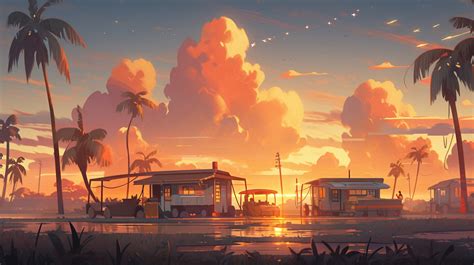 Sunset Scene with Palm Trees and Buses
