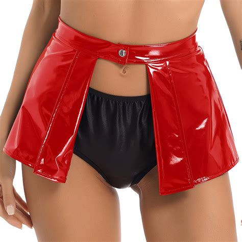 Alvivi Women Shiny Leather Cover-Up Patent Look Mini Skirt High Waist